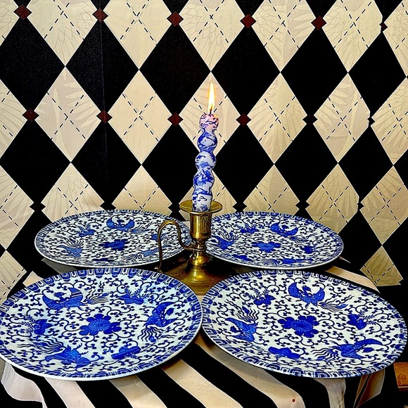 Vintage Noritake Japan Phoenix Salad Plates Blue & White Porcelain| Set/4 | 8.5” - Picture 3 of 5